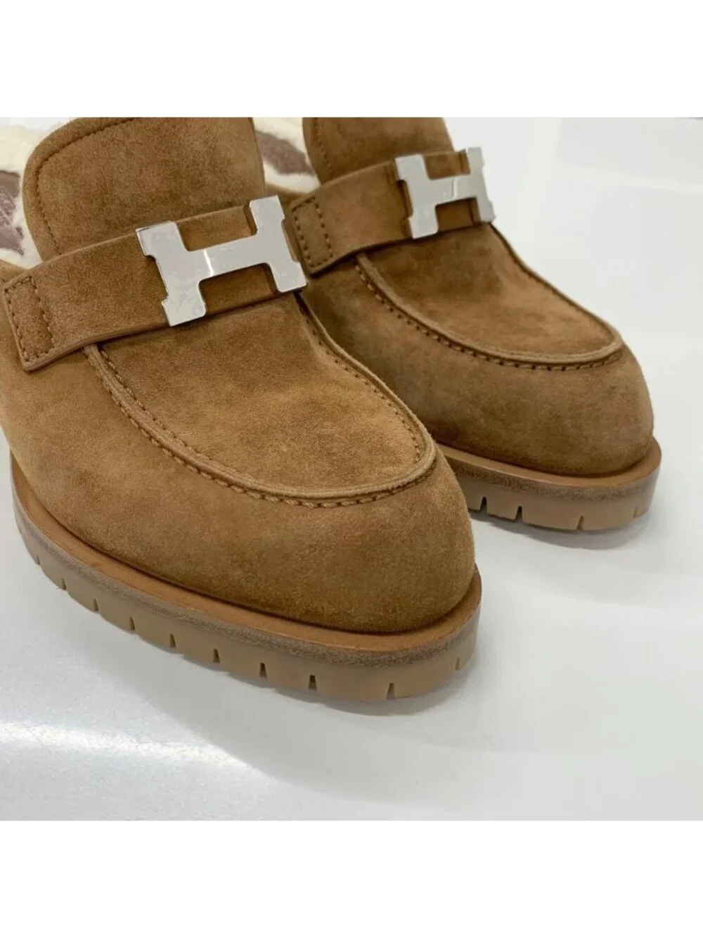 Hermes Suede H Fleece Sandals Brown